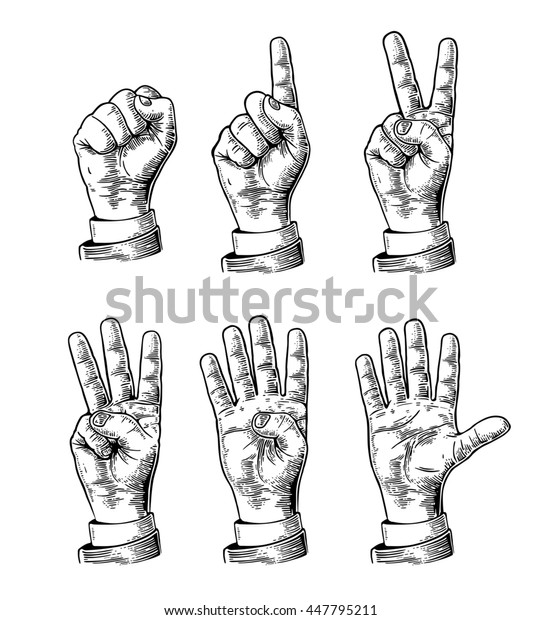 ゼロから5まで数える手のジェスチャのセット 男性の手のしるし 白い背景にビンテージ彫刻イラスト のイラスト素材