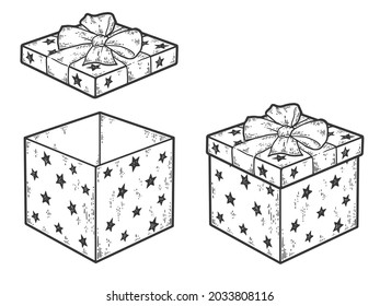 Set Of Gift Box With Bow. Closed And Open Lid. Sketch Scratch Board Imitation Coloring.