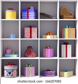 Set Of Gift Boxes On She Shelves 