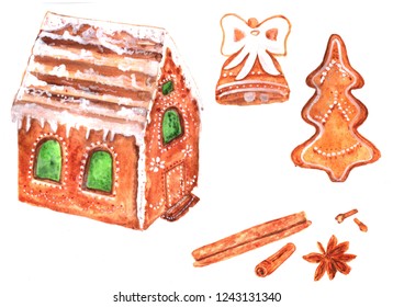 Set Of  Gingerbread House, Spices. Watercolor.