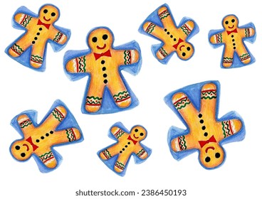 Set of gingerbread men of different sizes randomly arranged on white background. Drawing with colored pencils. Around each element is blue silhouette. Gingerbread men make snow angels. Decor, bow tie.