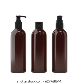 Set of glass bottles for essential oils and cosmetic products, isolated on white background. 3D rendering.