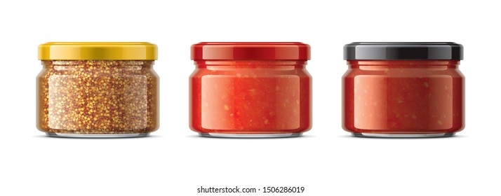 Set of Glass Jar with Sauces, Mustard. 3d rendering