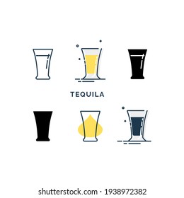 Set Of Glasses With Tequila In Different Styles. Shot Glass Drinks. Template Alcohol Beverage For Restaurant, Bar. Symbol Party. Collection One Drink. Isolated Flat Illustration On White Background.