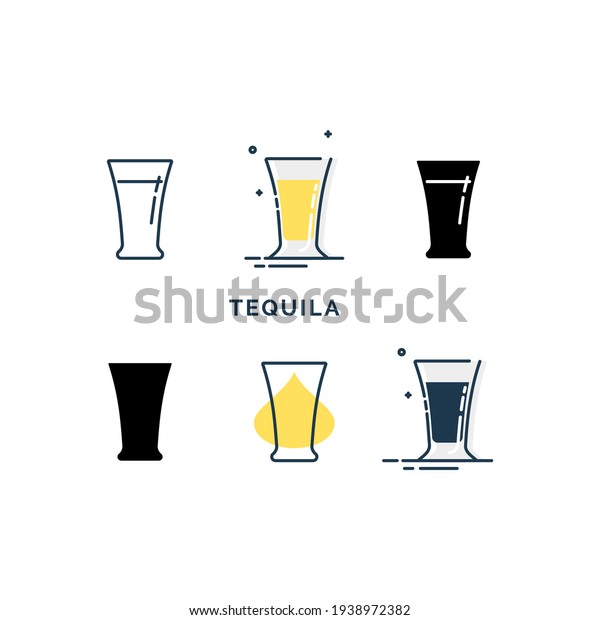 Set of glasses with tequila in different\
styles. Shot glass drinks. Template alcohol beverage for\
restaurant, bar. Symbol party. Collection one drink. Isolated flat\
illustration on white\
background.