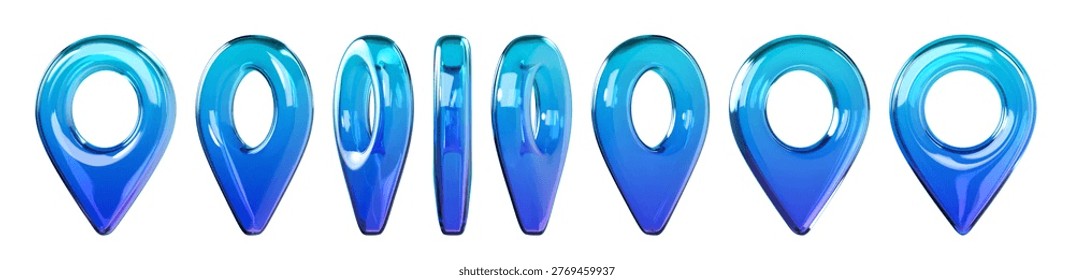 Set of glossy blue 3D map location pin icons in different views. Transparent glass or plastic navigation markers isolated on background for GPS, map, travel and UI design. 3d render.
