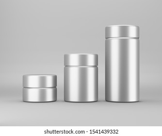 Set Of Glossy Metal Jar Mockup On Gray Background. Template Packaging Food, Cosmetics, Chemistry Different Size Big, Medium, Small. 3D Rendering