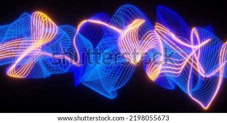 Set of glowing blue and orange twirling mesh array lines on black background, abstract modern data visualisation, science, research or business datum concept, 3D illustration Photo stock © 