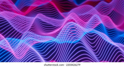 Set Of Glowing Blue And Red Gradient Wave Mesh Array Lines On Black Background, Abstract Modern Data Visualisation, Science, Research Or Business Datum Concept, 3D Illustration