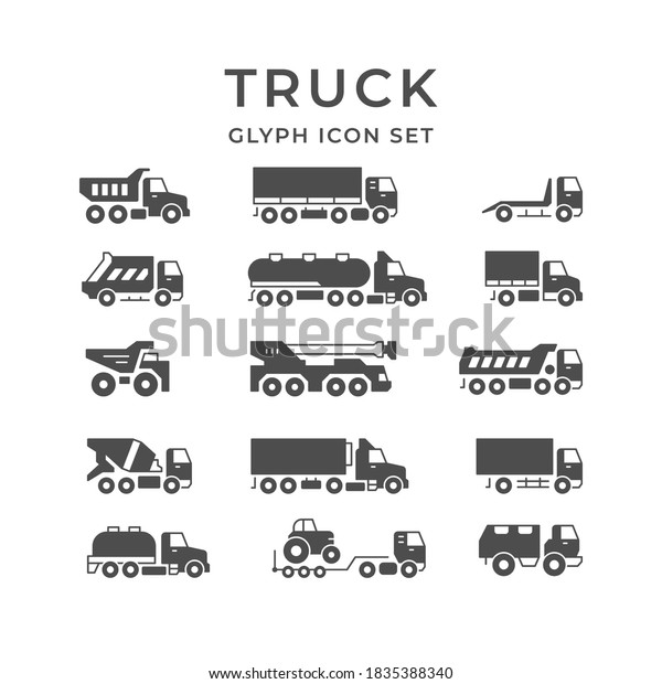 Set glyph icons of trucks isolated on white. Tanker,
concrete mixer, crane, carrier dumper, commercial delivery,
refrigerator, van