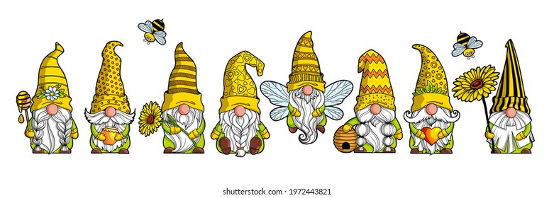 Set of gnomes bee in a yellow hat with a spoon, beehive and bees spring-summer dwarf Gnome honey Gnomish love. Hand-drawn digital drawings isolated on white background, for printing greeting cards