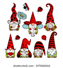 Set of gnomes love, gnome ladybug, gnome with a chamomile in his hands Flying ladybug, black polka dots bright gnomes summer cartoon characters Hand-drawn gnomes for printing greeting cards