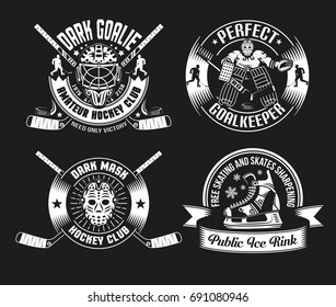 Set of goalkeeper, amateur hockey clubs, and public ice rink retro emblem.