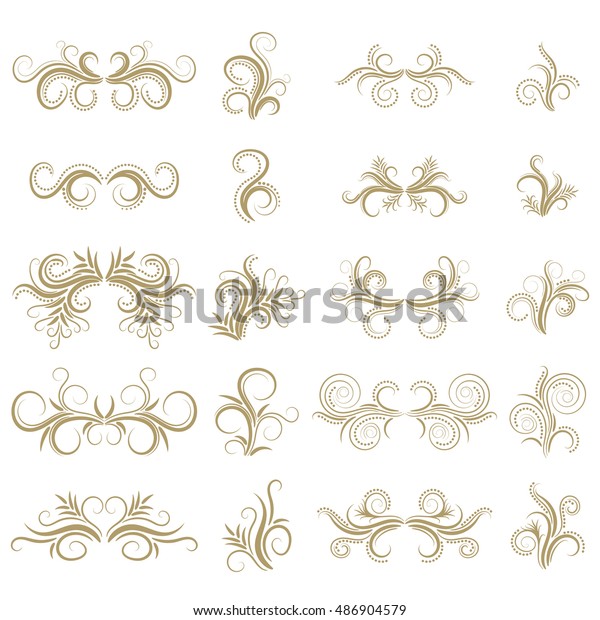 Set of gold\
abstract curly headers, design element set isolated on white\
background. Hand drawn golden swirls. Floral round frame, wreath,\
dividers, calligraphic shapes.\
