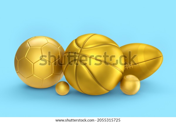 Set of gold ball like basketball, american\
football and golf isolated on blue background. 3d rendering of\
sport accessories for team playing\
games