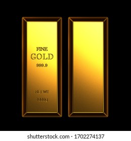 Set Of Gold Bar With Sign Of Fine 999.9 Gold And Empty Gold Bar. 3D Render Isolated On Black Background.