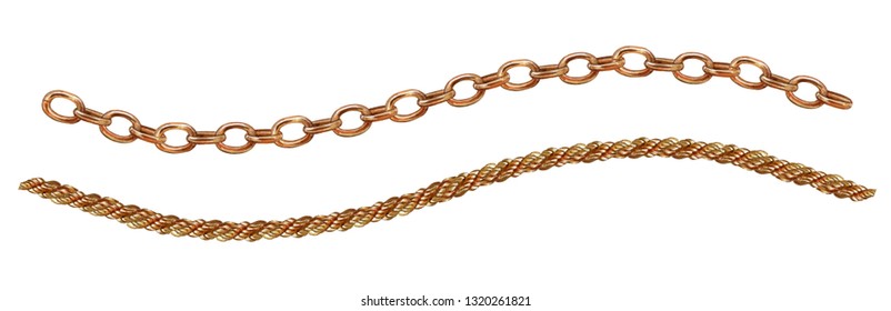A set of gold chains, women's jewelry, chain rope and anchor chain, watercolor drawing on a white background, isolated.