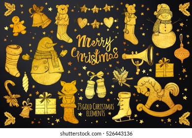 Set gold  Christmas decorations Hand drawing Christmas socks  present box  snowman bell stars wood horse  pipe  snowman  ball  candy cane  mouse  teddy bear  fox Christmas garland gingerbread 