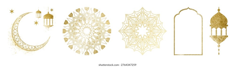 Set of gold Islamic design elements: crescent with lanterns, intricate mandalas, and mosque arch, perfect for festive or cultural themes.