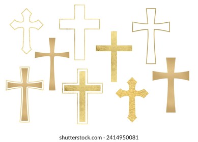 Set of gold religious crosses on a white background. Illustrations gold Christian cross. Catholic or orthodox symbol for Easter - Powered by Shutterstock