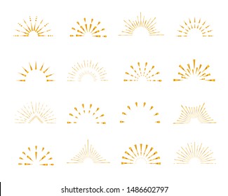 Set of gold shiny sunburst frames, vintage style, halves, isolated on white background. 