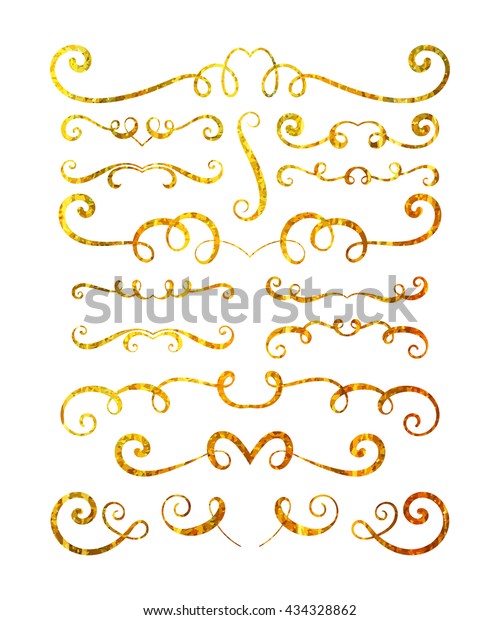 Set of gold textured hand drawn vignettes on white
background. Elegant vintage calligraphic borders and dividers for
greeting card, retro party, wedding invitation. Raster copy of
vector file.