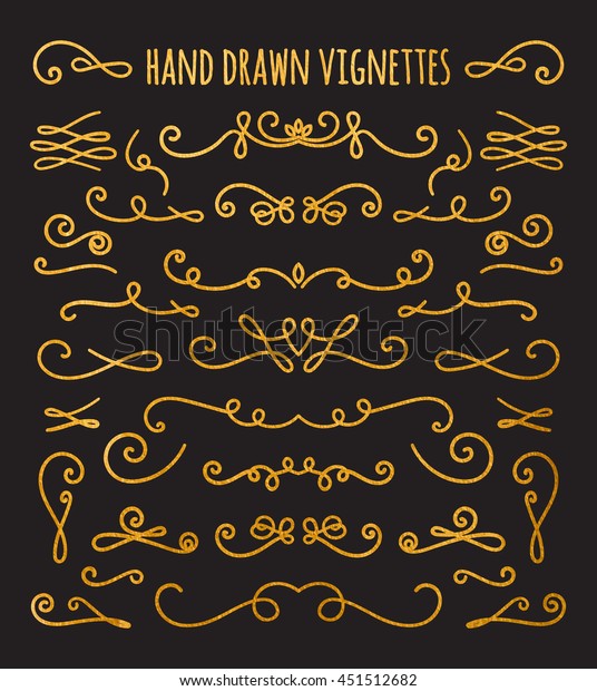 Set of gold textured hand drawn vignettes on black\
background. Elegant vintage calligraphic borders and dividers for\
greeting card, retro party, wedding invitation. Raster copy of\
vector file.