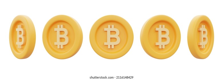 Set Of Golden Bitcoin Coins Isolated On White Background,cryptocurrency,blockchain Technology,minimal Style.3d Rendering. 