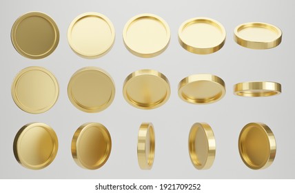 Set of golden coin in different shape on white background. 3d rendering.