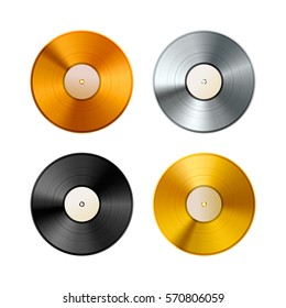 Set of golden, platinum and bronze album, vinyl discs on transparent background