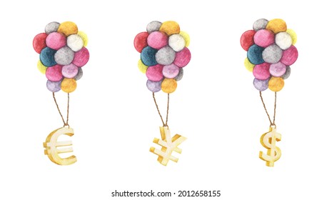 Set Of Golden Symbol Of Dollar, Euro, Yen Hanging With Colorful Balloon, Business Concept And Asset Management Idea, Watercolor Illustrations.