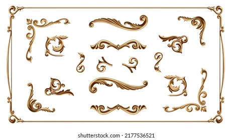 Set Of Golden Vignettes, Frames, Scroll Elements For Design Template. Royal Floral Borders In Victorian Style. Ornate Decor For Invitation, Card, Label, Badge, Decorative Patterns, Wedding Invitations