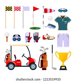 Set of golf equipment icon logo in flat style isolated on white background. Clothes and accessories for golfing, sport game. Icons collection for golf club, championship, course and school.