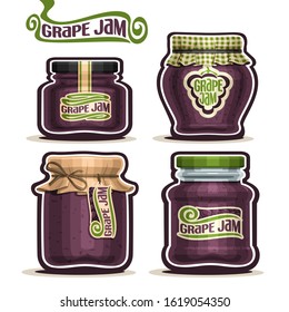 Set Of Grape Jam In Glass Jars With Paper Cover Lid, Isolated On White.