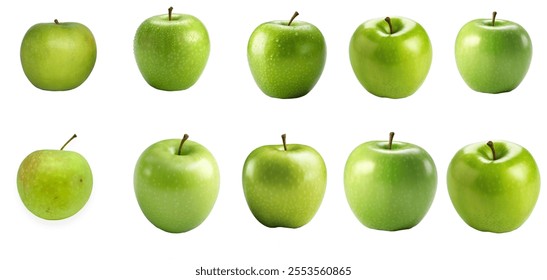 Set of Green apple. Fruit with leaves. Glossy vegetable. Art shiny and juicy fresh food. Spring and summer harvest. Natural product. Whole and half,Cut slices on plate, green apple vector illustration - Powered by Shutterstock