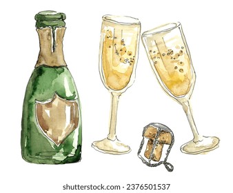 Set of green glass wine bottle with sparkling wine and two glasses filled with champagne, next to which lies a flying cork. Hand drawn watercolor painting on white background - Powered by Shutterstock