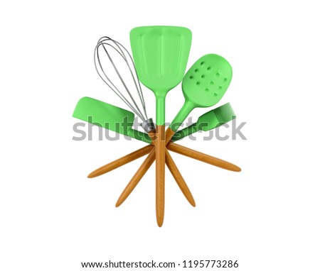 set green of kitchen tools 3d render on white