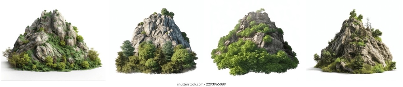 Set of green mountains isolated on white background. Forest mountains collection. 3d illustration.