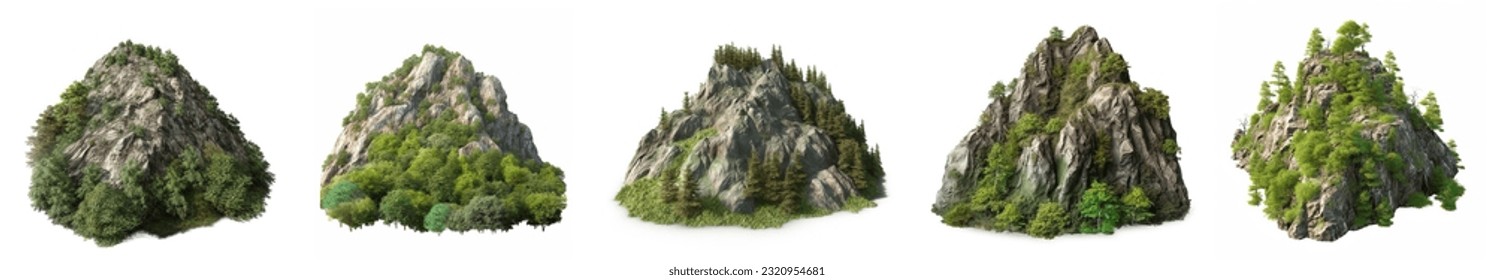 Set of green mountains isolated on white background. Forest mountains collection, rock mountains set, hill with green forest isolated on white background. 3d illustration. - Powered by Shutterstock