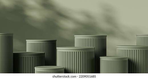 Set Of Green Podium, Greek Pedestal Design And Abstract Shadow On Background. Mockup For Product Display And Promotion. 3D Rendering