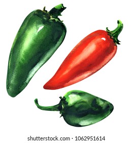 Set Of Green, Red Hot Chili Peppers, Jalapeno Pepper, Isolated, Hand Drawn Watercolor Illustration On White