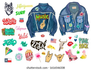 A Set Of Grunge Doodles And Badges To Draw Or Embroider To Fashion Jeans  Jackets. Trendy Denim Jacket With Cartoon Style 80s 90s Color Patches And Badges.Hipster Street Fashion.