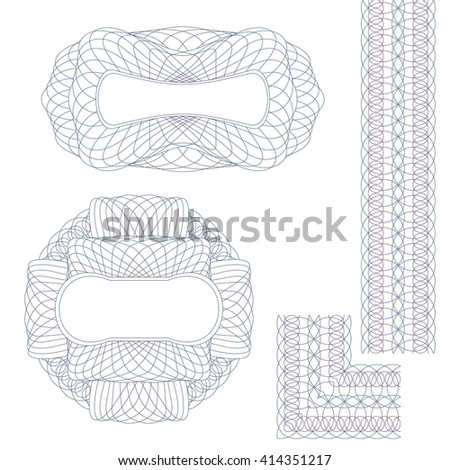 Set Guilloche Elements. Decorative Rosettes and Border on a White Background.