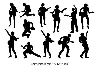 A set guitarist musicians in detailed silhouette playing their guitars 