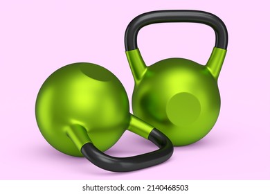 Set Of Gym Green Kettlebell For Workout Isolated On Pink Background. 3d Rendering Of Sport Equipment For Fitness And Powerlifting