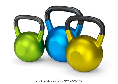 Set Of Gym Kettlebells For Workout Isolated On White Background. 3d Rendering Of Sport Equipment For Fitness And Powerlifting