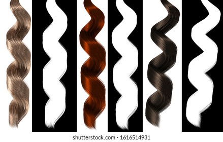 Set Of Hair Extension Isolated Design - Hairpiece With Alpha Channel - Long Curly Chignon 3d Model Rendering Background Illustration 
