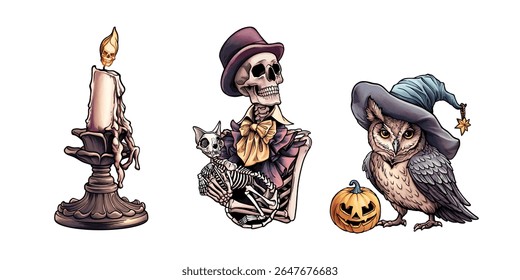Set of Halloween elements, skeleton in hat, owl with pumpkin and candle on white background