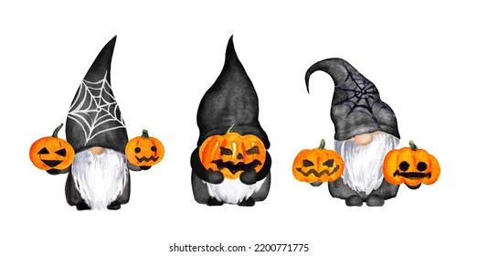 Set Halloween gnomes and pumpkin lantern  spider   web  Character funny creepy dwarves in black colors  Cute scary cartoon gnomes watercolor clip art