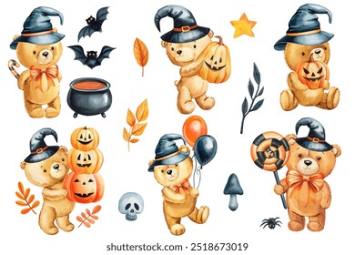 Set Halloween Teddy Bear in black witch hat with pumpkin, balloon, lollipop isolated, Watercolor holiday poster, clipart - Powered by Shutterstock